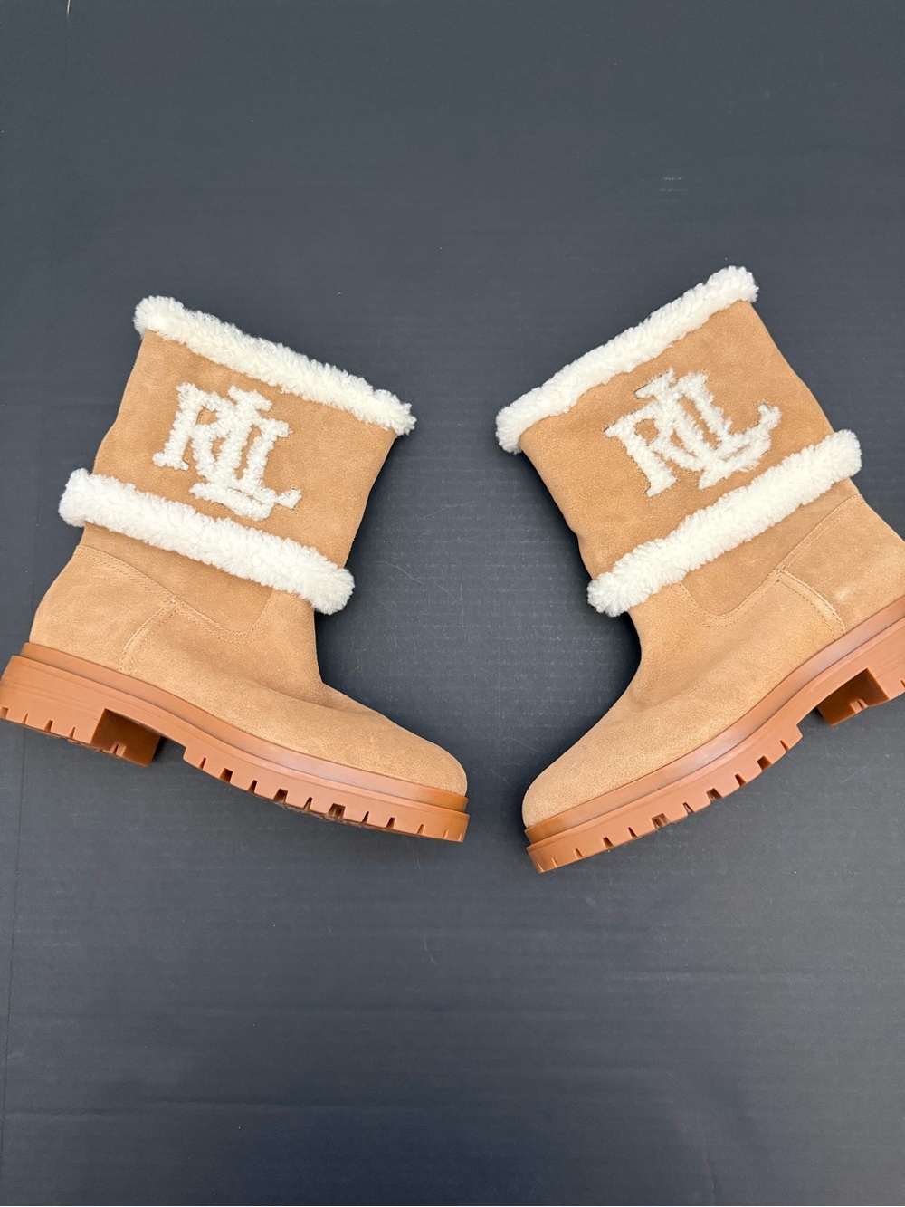 Ralph Lauren Tan Suede Logo Shearling-Trim Boots Size 10